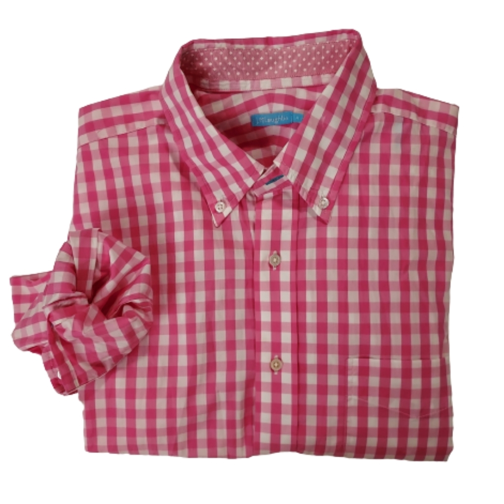 J. McLaughlin Pink White Gingham Checked Button Down Dress Shirt Size Medium